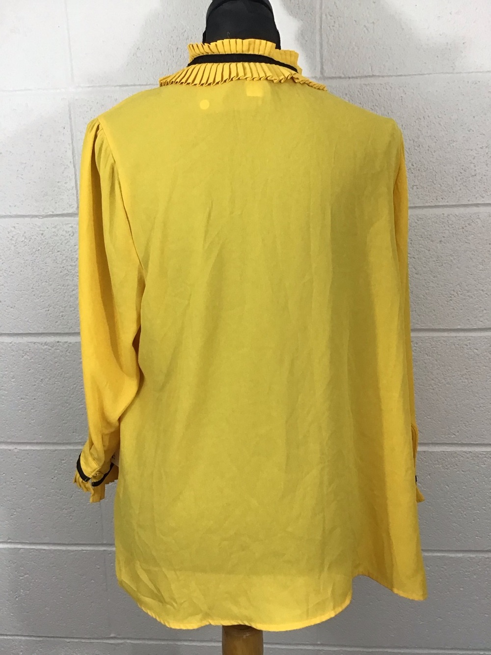 Bright Yellow High Neck Black Ribbon Tie Ruffle Collar 3/4 Sleeve Chiffon Blouse - Picture 3 of 12
